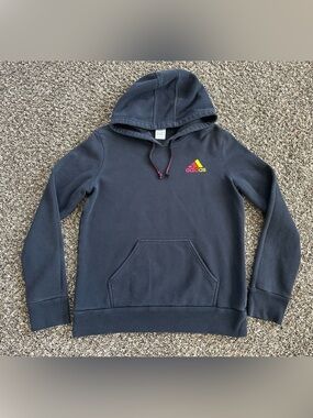 Adidas Hoodie Women’s Large Black Pullover Sweater Hooded Fleece Spell Out